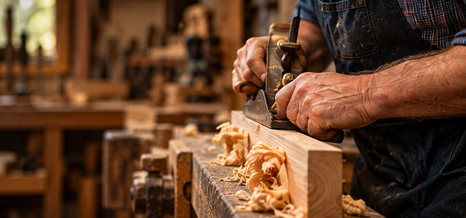 A woodworker smoothing a length of timber with a hand plane